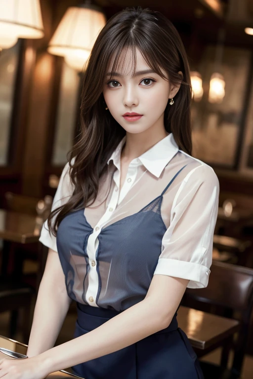 masterpiece, Highest quality, Realistic, Very detailed, Finer details, High resolution, 8k wallpaper, One beautiful woman, Wear a navy blue see-through shirt, In a great restaurant, At night, Light brown messy hair, Perfect dynamic composition, Beautiful and beautiful eyes、Big earrings