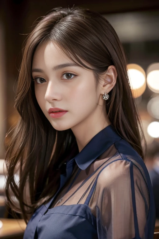 masterpiece, Highest quality, Realistic, Very detailed, Finer details, High resolution, 8k wallpaper, One beautiful woman, Wear a navy blue see-through shirt, In a great restaurant, At night, Light brown messy hair, Perfect dynamic composition, Beautiful and beautiful eyes、Big earrings