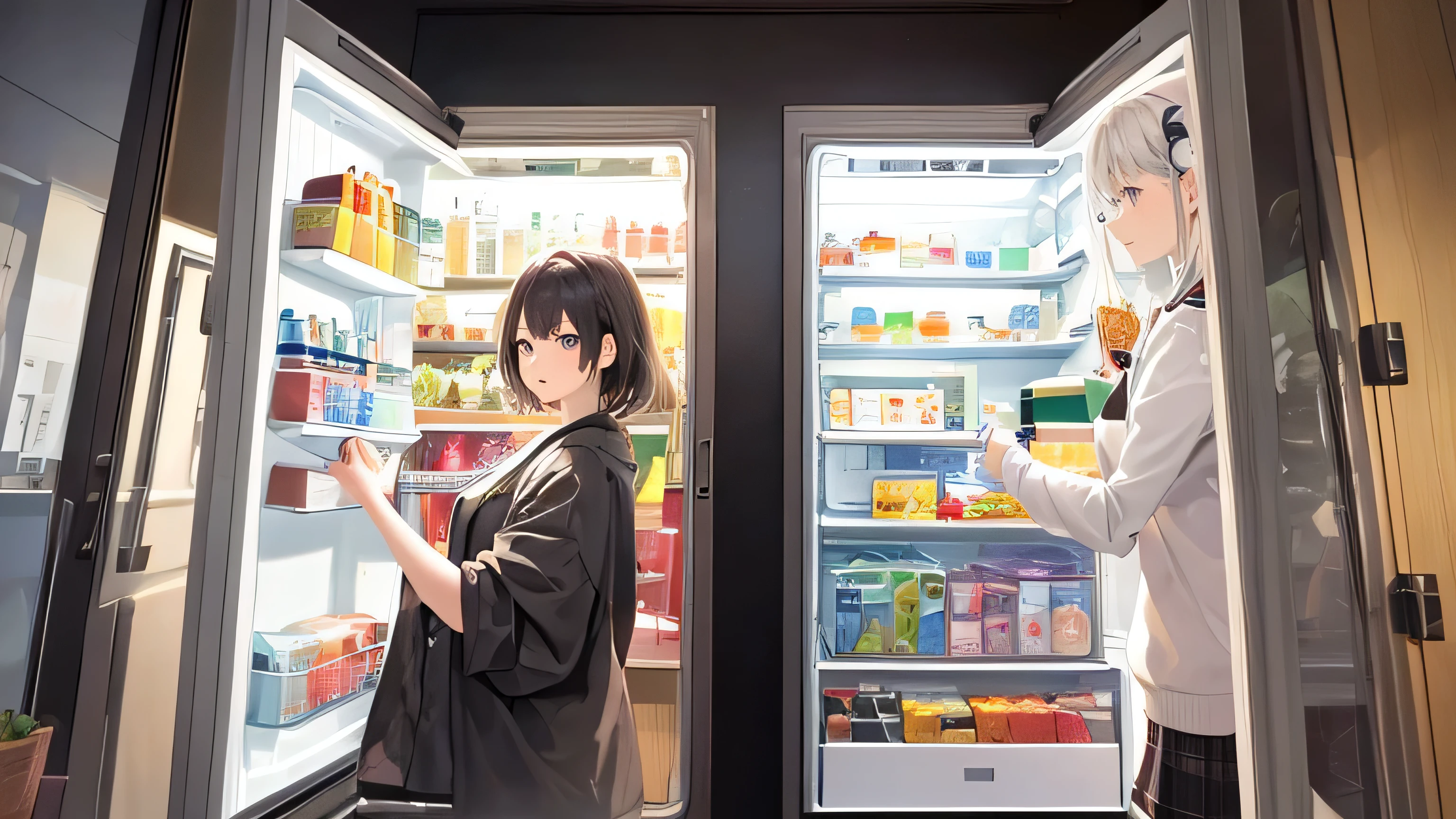 ((Highest quality)), ((masterpiece)), (detailed), Two Girls,Artificial Intelligence,Giant Cherry,,refrigerator,Pantomime,Reproduction number,craziness,Notebook doodles,Mathematical,Boeing,