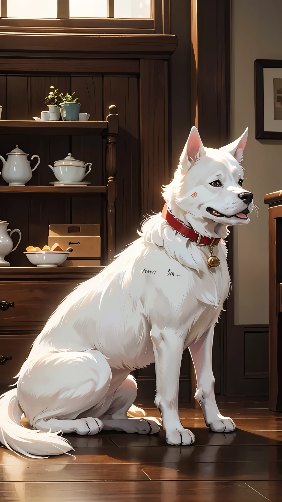 (Highest quality)), ((masterpiece)), (detailed)White Dog、Large Dogs、Waiting in the room for the master to return、Gender: Male