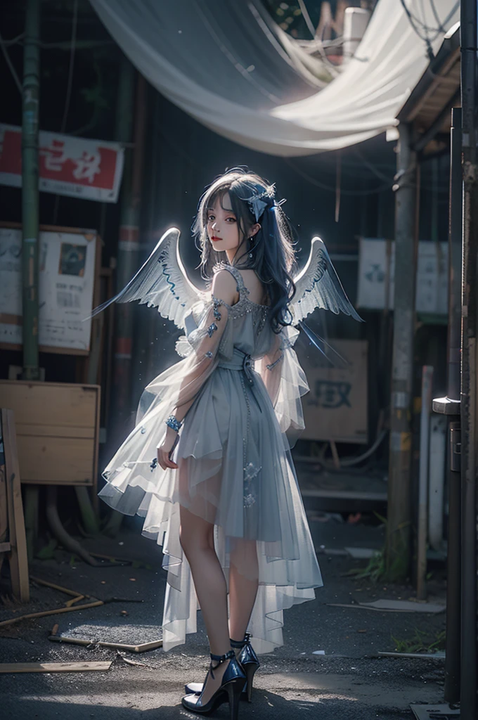 RAW Photos, Realistic, Ultra-realistic, RAW Photos, Realistic, celestial 16-year-old angel girl, large transparent glowing blue glass wings, spreading wide, simple dress, floating in the night sky, beautiful stars and moon, bright blue city lights below, looking up, viewed from above, all elements glowing blue, world-class illustration, award-winning, fantasy illustration, vivid hues, detailed and soft lighting, Highest quality, masterpiece, Ultra-high resolution, 8K, Highest quality, masterpiece, Ultra-high resolution, 8K