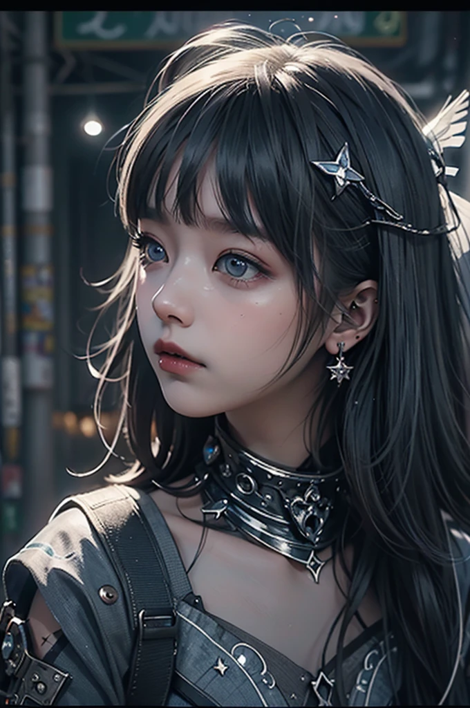 RAW Photos, Realistic, Ultra-realistic, RAW Photos, Realistic, celestial 16-year-old angel girl, large transparent glowing blue glass wings, spreading wide, simple dress, floating in the night sky, beautiful stars and moon, bright blue city lights below, looking up, viewed from above, all elements glowing blue, world-class illustration, award-winning, fantasy illustration, vivid hues, detailed and soft lighting, Highest quality, masterpiece, Ultra-high resolution, 8K, Highest quality, masterpiece, Ultra-high resolution, 8K