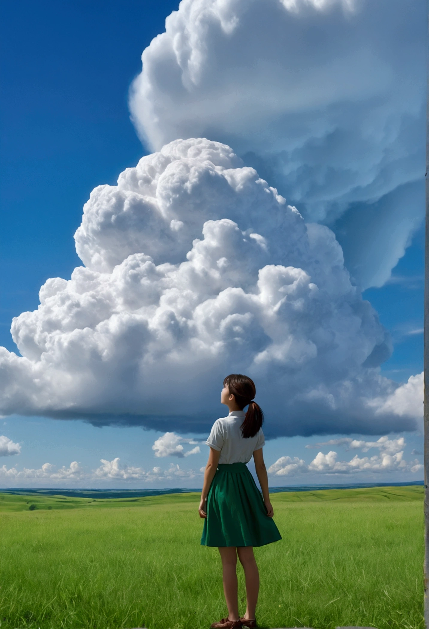 A girl quite far away, look up, , A magnificent composition, Green grassland, the wind is strong, blue sky, A large cumulonimbus cloud in the center, sunny light, Absurd, High resolution, Super sharp, 8k, masterpiece, Ghibli, Shooting with a digital SLR