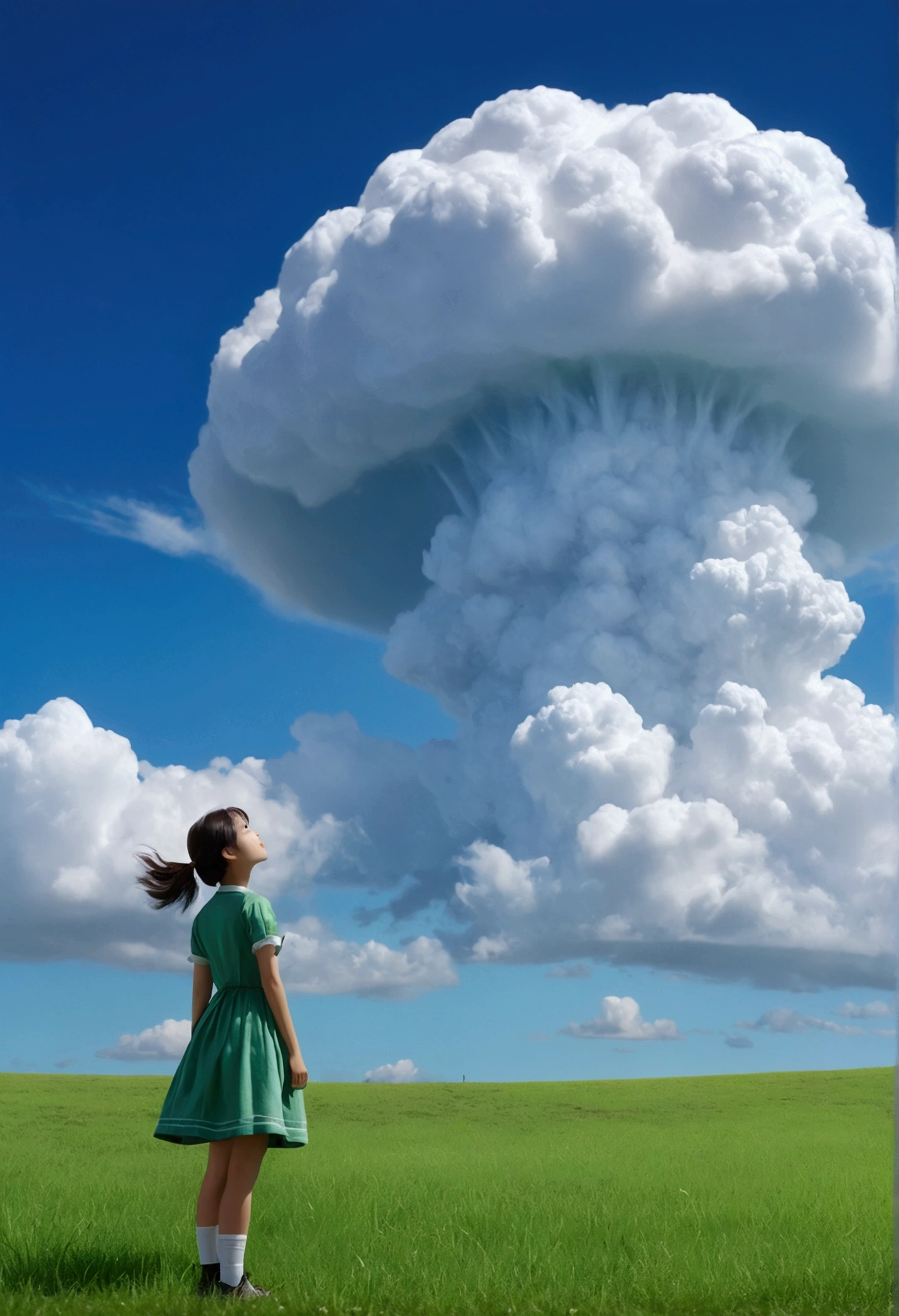 A girl quite far away, look up, , A magnificent composition, Green grassland, the wind is strong, blue sky, A large cumulonimbus cloud in the center, sunny light, Absurd, High resolution, Super sharp, 8k, masterpiece, Ghibli, Shooting with a digital SLR