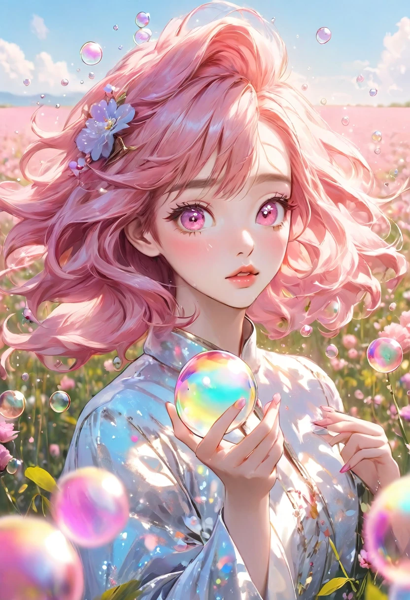 A beautiful girl with pink hair blowing bubbles in a flower field. Korean glitter eye makeup. Nails on hands. Half-up. Masterpiece. High quality.