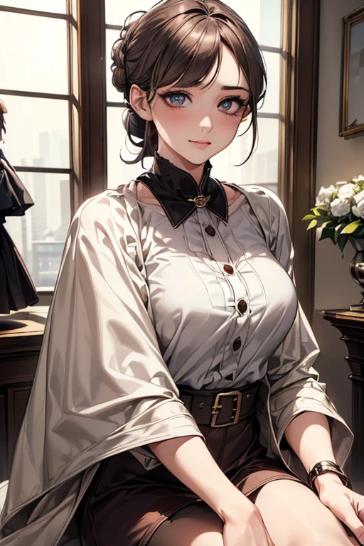 ((Highest quality)),(超High resolution),(Very detailed),(Detailed Description),((The best CG)),(masterpiece),Ultra-detailed art、(Highest quality、8k、32K、masterpiece)、(Realistic)、(Realistic:1.2)、(High resolution)、Very detailed、((Very beautiful face and eyes、Chignon:1.6))、1 female、((Woman working at a department store:1.3))、Tight waist、Delicate body、(Highest quality、Attention to detail、Rich skin detail)、(Highest quality、8k、Oil paints:1.2)、Very detailed、(Realistic、Realistic:1.37)、Bright colors、"((Fitted burgundy jacket。Jacket has metallic buttons、Elegant details on the cuffs and collar、Below is the、White blouse。A knee-length tight skirt to match the jacket、Black low heel pumps))。(She wears a simple yet elegant metallic buckle belt.、Silk scarves that match the colors of department stores、Accessorize with understated jewelry and a watch)。((The background is a bright and sophisticated department store environment.、Surrounded by luxury merchandise and digital displays))。"