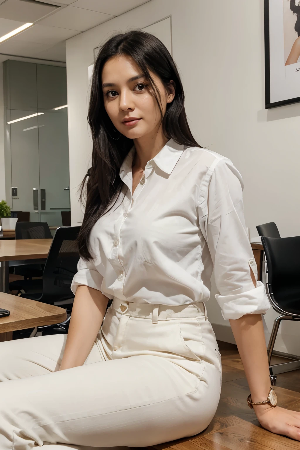 29 years old woman, black hair, brown eyes, looking at camera, Hr manager, white shirt, black trousers, sitting behind the table looking at the camera