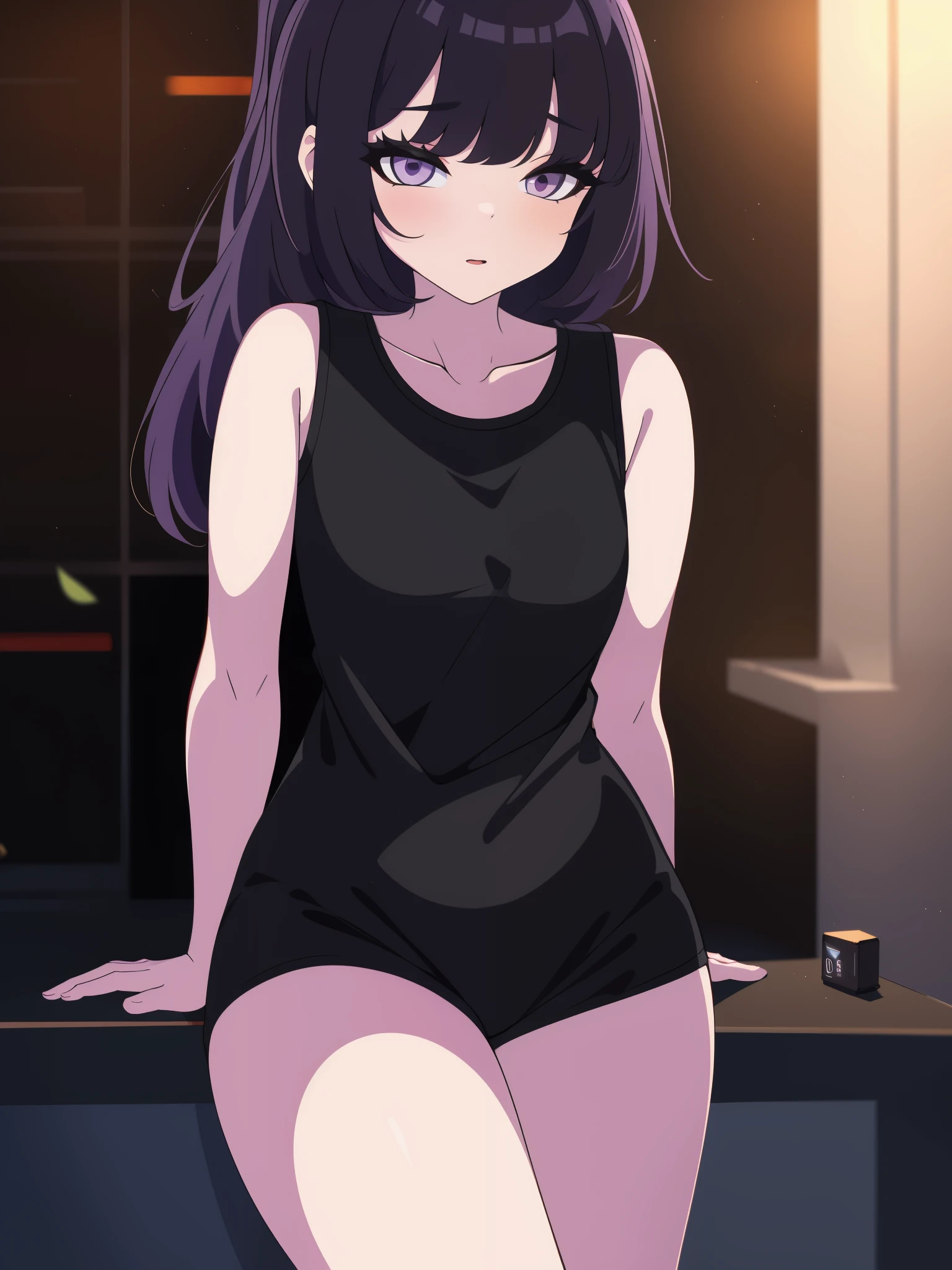 (Cowboy shot), colorful, (ultra-high resolution, depth of field:1.2), (1woman), with a confident expression, long dark hair in a ponytail, purple eyes, olive skin, black tank top