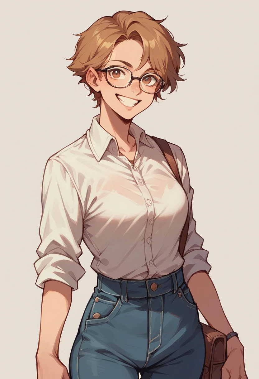 1 girl, cowboy shot, Class, smile, Glasses, I'll leave you alone_let's go to, purple eyes, purple hair, short hair, bang, Lace underwear, Short sleeves, show your breasts,sex, pleated skirt, Best quality, masterpiece, a high resolution, shows vagina, she's not wearing panties, vagina is wet
