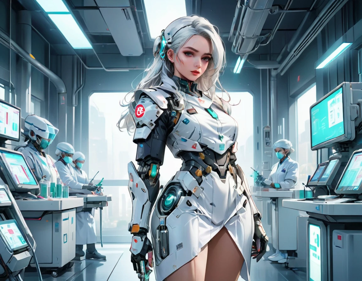 a picture of mech nurse in a futuristic hospital, exquisite beautiful nurse,  dynamic hair style, ((full body shot: 1.5)), ((anatomically correct: 1.5)), (ultra detailed face: 1.2), best detailed face, wearing white nurse robes, white pants, white high heels, delicate mechanical parts, (she holds a syringe: 1.3), cyberpunk hospital background, vibrant, Hyperrealism style, vibrant, Ultra-high resolution, High Contrast, (masterpiece:1.5), highest quality, Best aesthetics), best details, best quality, highres, ultra wide angle, 16k, [ultra detailed], masterpiece, best quality, (extremely detailed) RAW, mecha