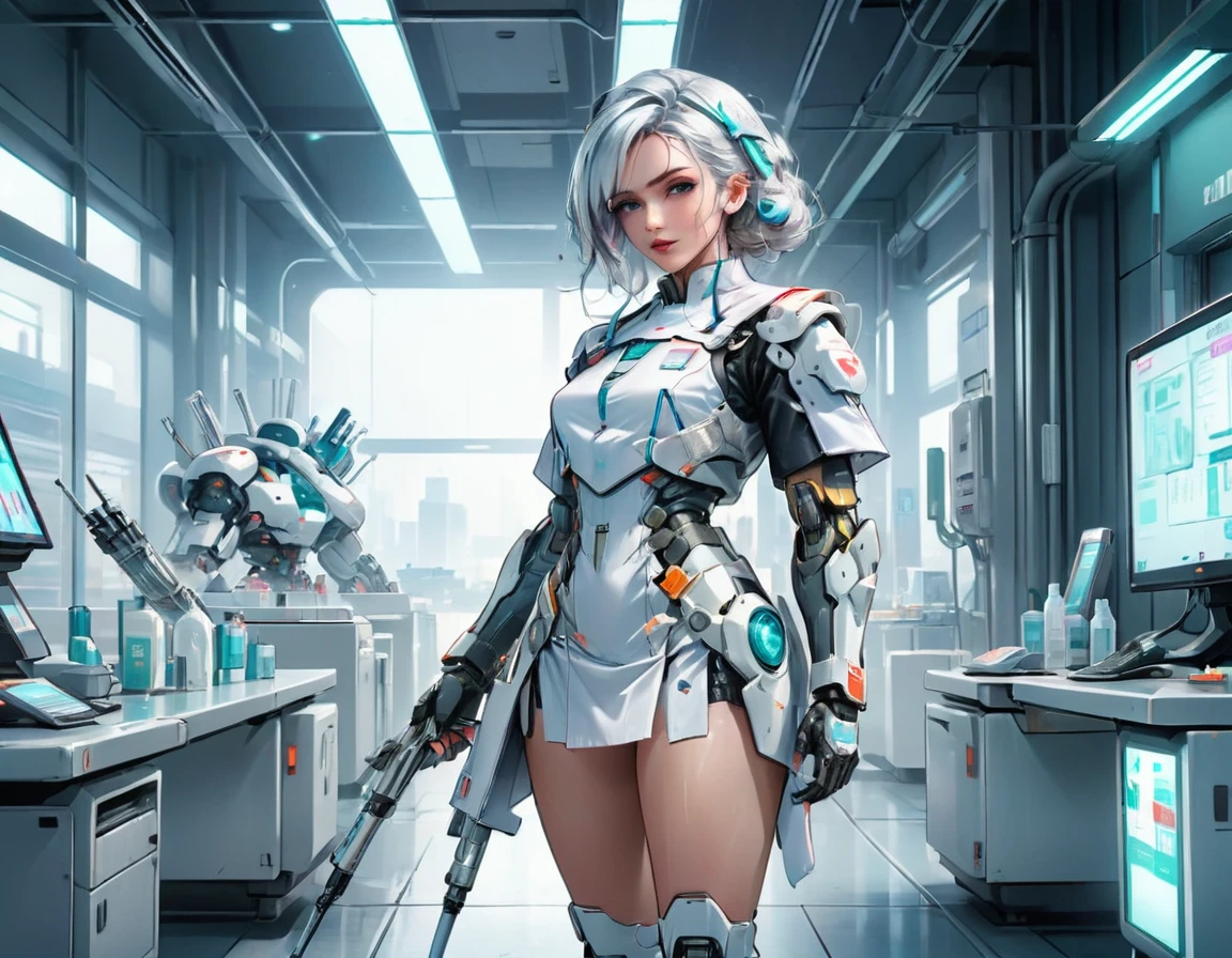 a picture of mech nurse in a futuristic hospital, exquisite beautiful nurse,  dynamic hair style, ((full body shot: 1.5)), ((anatomically correct: 1.5)), (ultra detailed face: 1.2), best detailed face, wearing white nurse robes, white pants, white high heels, delicate mechanical parts, she holds a syringe, cyberpunk hospital background, vibrant, Hyperrealism style, vibrant, Ultra-high resolution, High Contrast, (masterpiece:1.5), highest quality, Best aesthetics), best details, best quality, highres, ultra wide angle, 16k, [ultra detailed], masterpiece, best quality, (extremely detailed) RAW, mecha