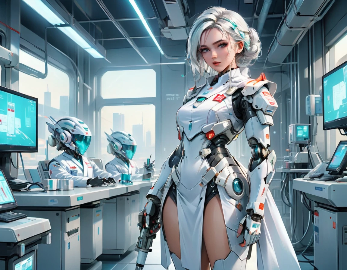 a picture of mech nurse in a futuristic hospital, exquisite beautiful nurse,  dynamic hair style, ((full body shot: 1.5)), ((anatomically correct: 1.5)), (ultra detailed face: 1.2), best detailed face, wearing white nurse robes, white pants, white high heels, delicate mechanical parts, (she holds a syringe: 1.3), cyberpunk hospital background, vibrant, Hyperrealism style, vibrant, Ultra-high resolution, High Contrast, (masterpiece:1.5), highest quality, Best aesthetics), best details, best quality, highres, ultra wide angle, 16k, [ultra detailed], masterpiece, best quality, (extremely detailed) RAW, mecha