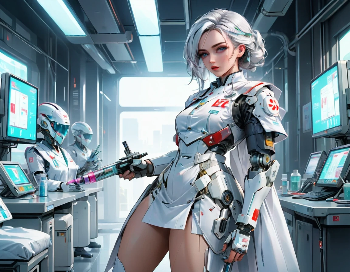 a picture of mech nurse in a futuristic hospital, exquisite beautiful nurse,  dynamic hair style, ((full body shot: 1.5)), ((anatomically correct: 1.5)), (ultra detailed face: 1.2), best detailed face, wearing white nurse robes, white pants, white high heels, delicate mechanical parts, (she holds a syringe: 1.3), cyberpunk hospital background, vibrant, Hyperrealism style, vibrant, Ultra-high resolution, High Contrast, (masterpiece:1.5), highest quality, Best aesthetics), best details, best quality, highres, ultra wide angle, 16k, [ultra detailed], masterpiece, best quality, (extremely detailed) RAW, mecha