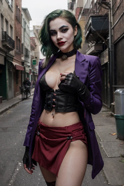 Create an image of a Indian female version of the Joker from Batman. on the city street, cinematic light, beautiful woman, skinny, medium breasts, detailed face, smile, facing the camera, photo taken from a distance, with bright green hair styled in a wild and unkempt manner. Her makeup should include white face paint, dark, exaggerated eye makeup, and a red smile that extends beyond her lips, red lipstick extends her lips reaches her chin creating a smile curve, similar to the classic Joker look. She should be dressed in a stylish yet eccentric outfit, combining elements of the Joker's traditional purple suit with a feminine twist, such as a tailored purple blazer, green corset, and short skirt. (Skirt lift), lifting skirt in one hand), (genitals visible), (private hair), Add accessories like gloves, a cane, or playing cards to enhance her villainous persona. The background should be a dark, Gotham City alleyway, with a hint of graffiti and a moody, atmospheric lighting, white face painting, red smile, green hair