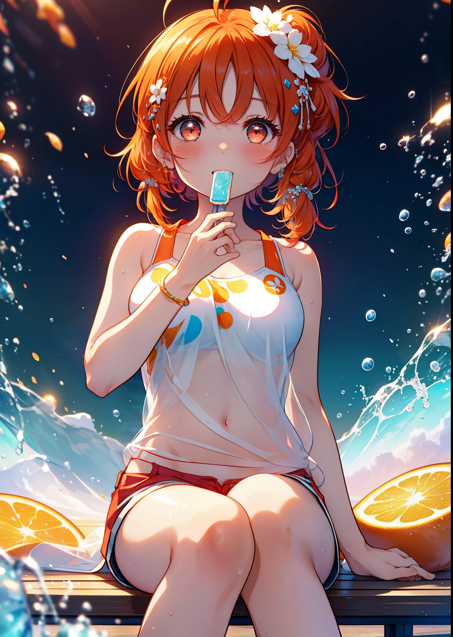 Takahai Chige,Orange Hair,Red eyes,smile,blush,Open your mouth,Long Hair,Ahoge,Orange tank top,Shorts,barefoot,Holding and eating ice cream with both hands,Sitting on the sofa,Daytime,Clear skies,　　　　　　　　　　　　　　　break indoors, room, 　　　　　　　　　　　　　break looking at viewer, whole body, (Cowboy Shot:1. 5)　　　　　　　　　　　　　　　　　　break (masterpiece:1.2), Highest quality, High resolution, unity 8k wallpaper, (shape:0.8), (Beautiful attention to detail:1.6), Highly detailed face, Perfect lighting, Extremely detailed CG, (Perfect hands, Perfect Anatomy),