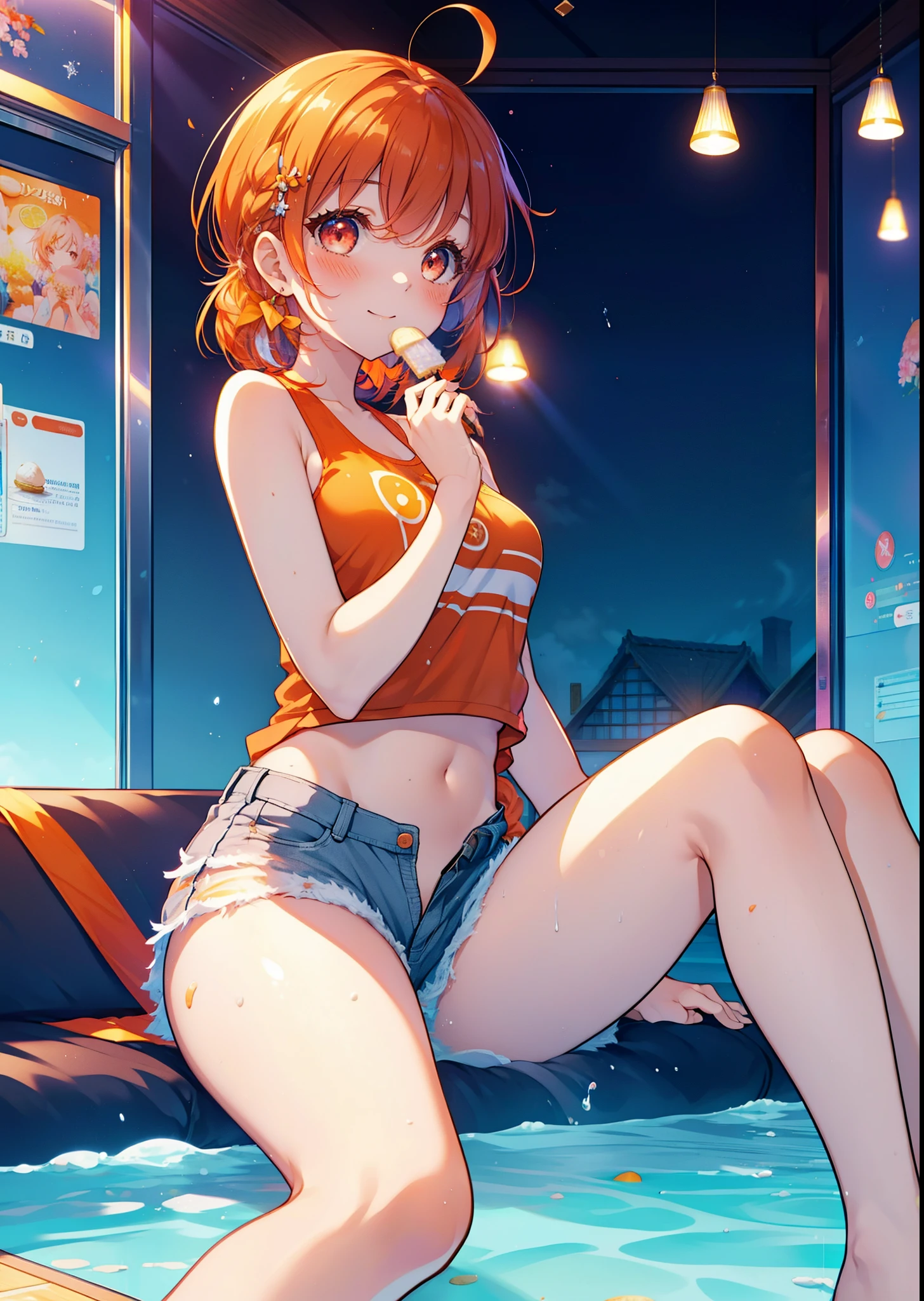 Takahai Chige,Orange Hair,Red eyes,smile,blush,Open your mouth,Long Hair,Ahoge,Orange tank top,Shorts,barefoot,Holding and eating ice cream with both hands,Sitting on the sofa,Daytime,Clear skies,　　　　　　　　　　　　　　　break indoors, room, 　　　　　　　　　　　　　break looking at viewer, whole body, (Cowboy Shot:1. 5)　　　　　　　　　　　　　　　　　　break (masterpiece:1.2), Highest quality, High resolution, unity 8k wallpaper, (shape:0.8), (Beautiful attention to detail:1.6), Highly detailed face, Perfect lighting, Extremely detailed CG, (Perfect hands, Perfect Anatomy),