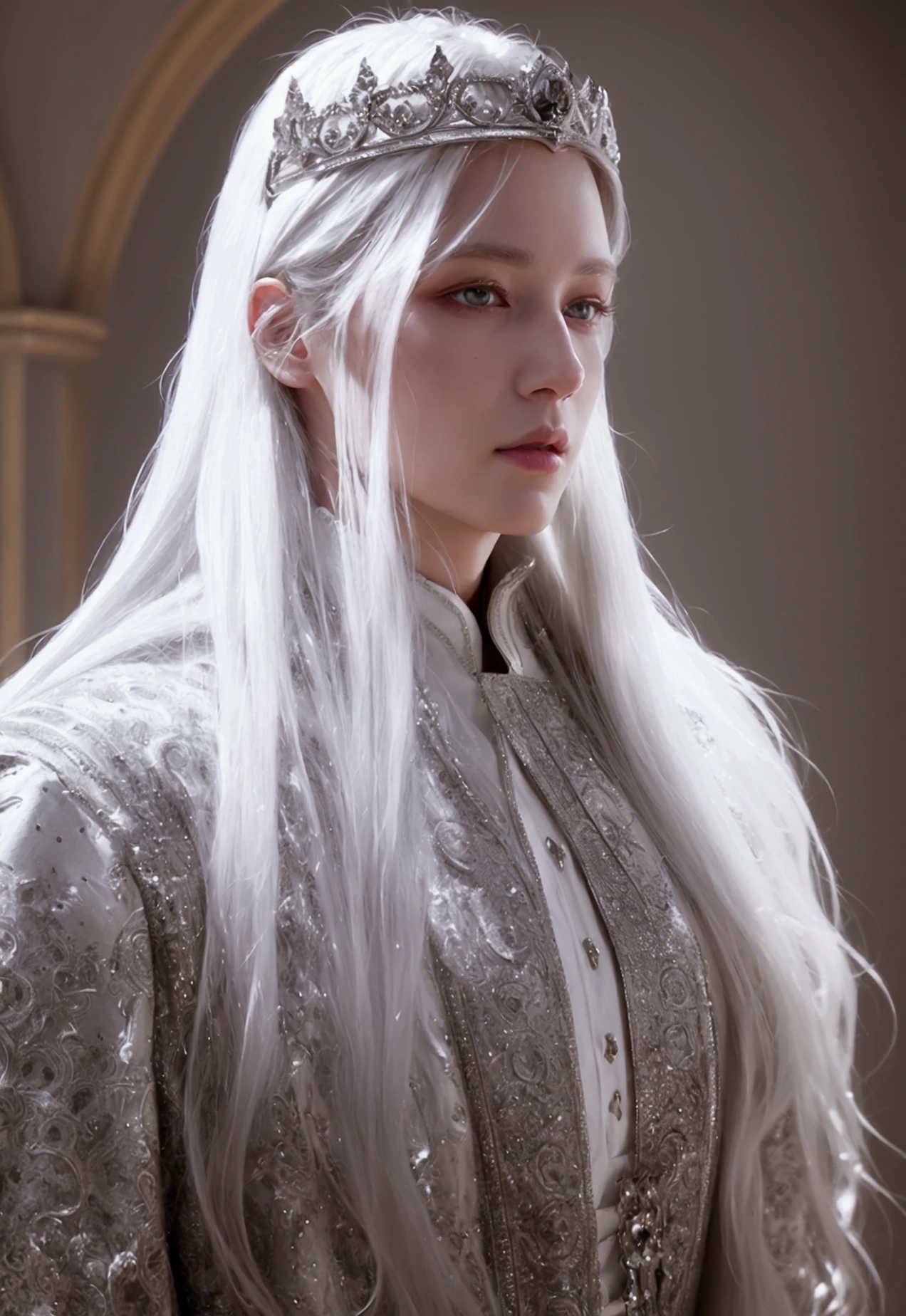 a handsome white-skinned prince,long white hair,silver diadem,white luxurious clothes, medieval city,detailed face,beautiful detailed eyes,beautiful detailed lips,extremely detailed features,hyperrealistic,intricate details,dramatic lighting,cinematic composition,volumetric lighting,photorealistic,8k,high quality,digital art,fantasy illustration,matte painting,concept art