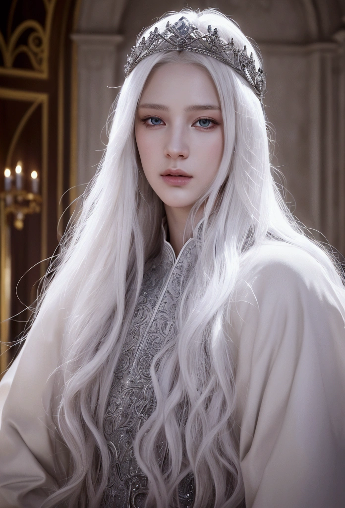 a handsome white-skinned prince,long white hair,silver diadem,white luxurious clothes, medieval city,detailed face,beautiful detailed eyes,beautiful detailed lips,extremely detailed features,hyperrealistic,intricate details,dramatic lighting,cinematic composition,volumetric lighting,photorealistic,8k,high quality,digital art,fantasy illustration,matte painting,concept art