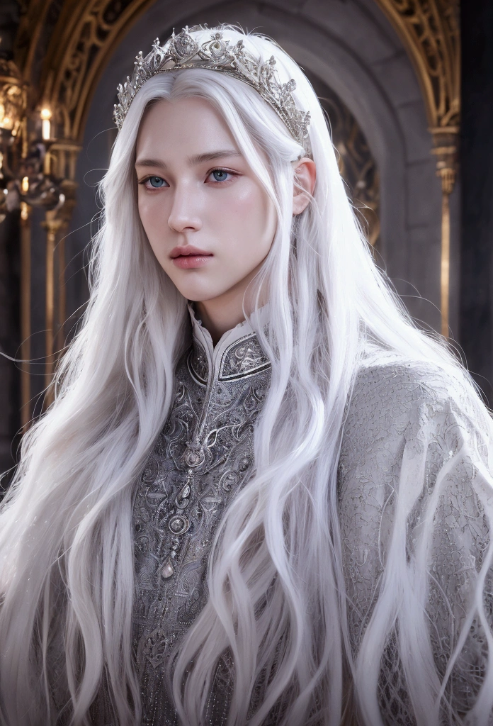 a handsome white-skinned prince,long white hair,silver diadem,white luxurious clothes, medieval city,detailed face,beautiful detailed eyes,beautiful detailed lips,extremely detailed features,hyperrealistic,intricate details,dramatic lighting,cinematic composition,volumetric lighting,photorealistic,8k,high quality,digital art,fantasy illustration,matte painting,concept art