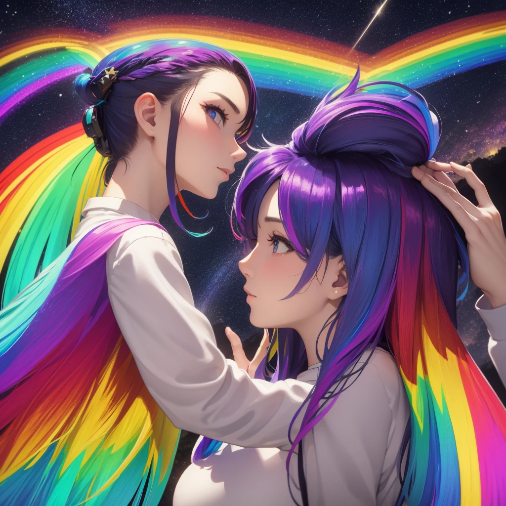 Masterpiece, girl, rainbow hair, sparkling eyes, serious face, shining background, starry sky skiing, rainbow colors, profile, shot with Leica camera, f1.8