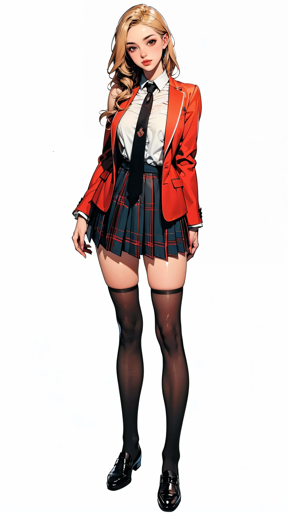 ((best quality,4k,highres,masterpiece:1.2)),((character concept art)), 1 female, teenage female, -yeld As beauty queen, ((blonde shoulder-length hair)), bleached hair, (tan skin colour), ultra finely detailed eyes (brown eyes colour), confident, beautiful, , slim body build, ((intricate detail)), super finely detailed hands, ultra finely detailed fingers(((ten fingers))), wearing red velvet school blazer over white long sleeves school shirt with loosened necktie, plaid mini school skirt, black stocking, and black school loafers, (standing provocatively), (full body showcase), (show full body), (no logos on background), (no logo), ((plain background)), ((plain background)), (((empty background)))