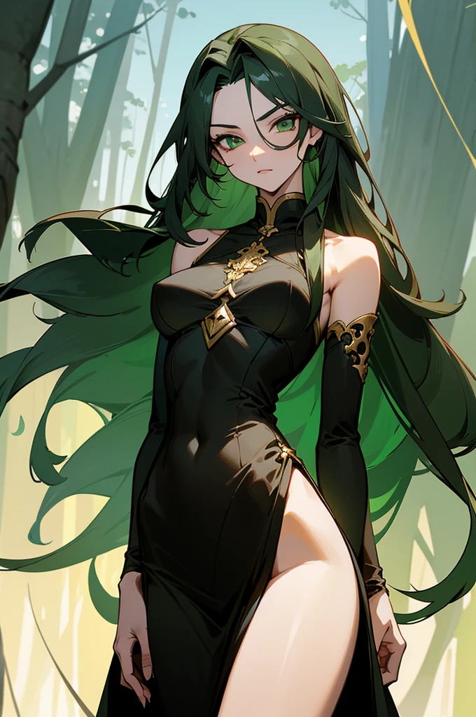 8 k quality, 20 year old with long hair, green eyes, hair green, sharp looking eyes, perfectbody, medium breasts, perfect waist, defined abdomen with a black dress with gold details, in a forest of tall trees, with beautiful sky full of details
