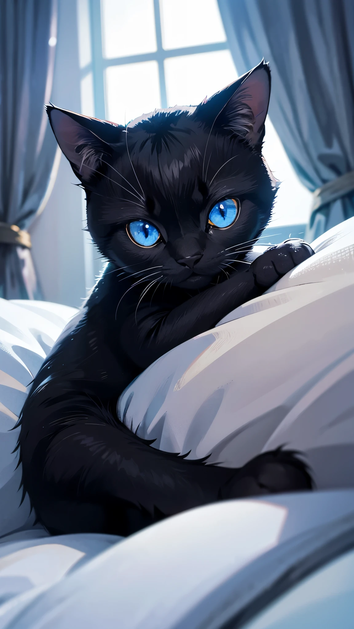 Pitch black cat、Light blue eyes、Curled up alone in the nearby room、Close-up of a cat、The background is night