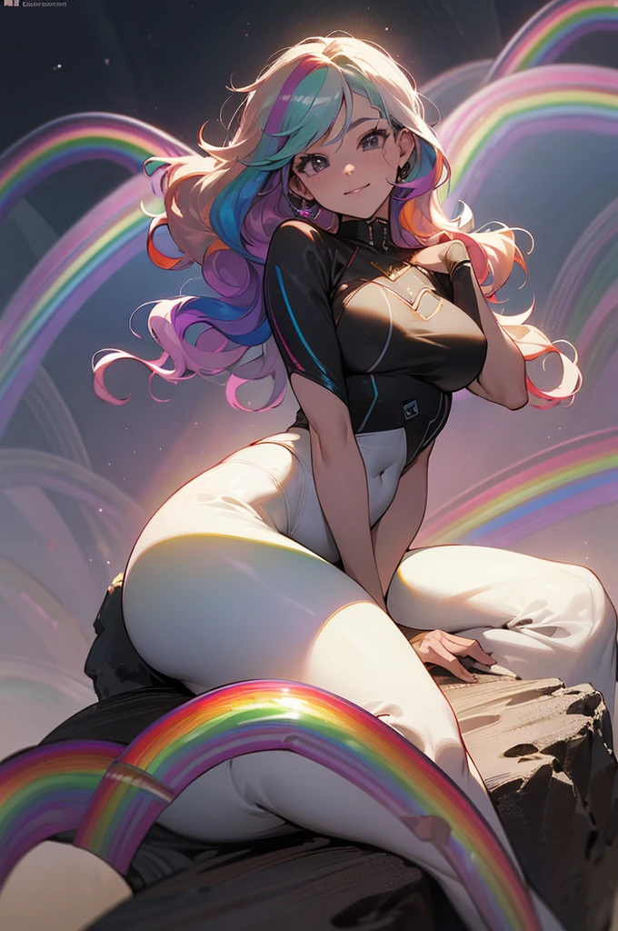 (cowboy shot), (best quality, ultra-high resolution, depth of field:1.2), adult, 1woman, mature woman, medium breasts, wide hips, mid-air twist, wavy hair (rainbow highlights:1.6), colorfulmix, sitting on an asteroid, looking at viewer, space scenery, galaxy, gentle smile
