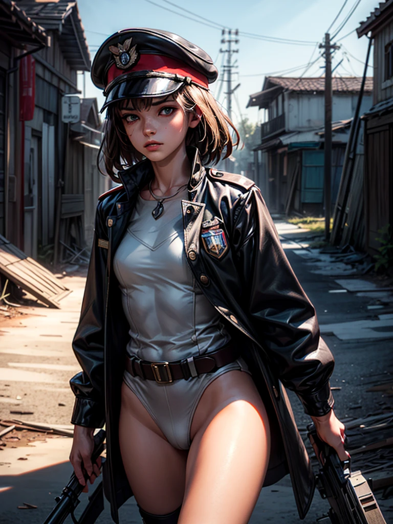 masterpiece, highest quality, (solo focus), (perfect face:1.1), (high detail:1.1), dramatic, 1girl, erotic military outfit, peaked cap, holding rifle, solo, ((inguinal ligament)), detailed background, smoldering wasteland, abandoned town, cinematic lighting,
