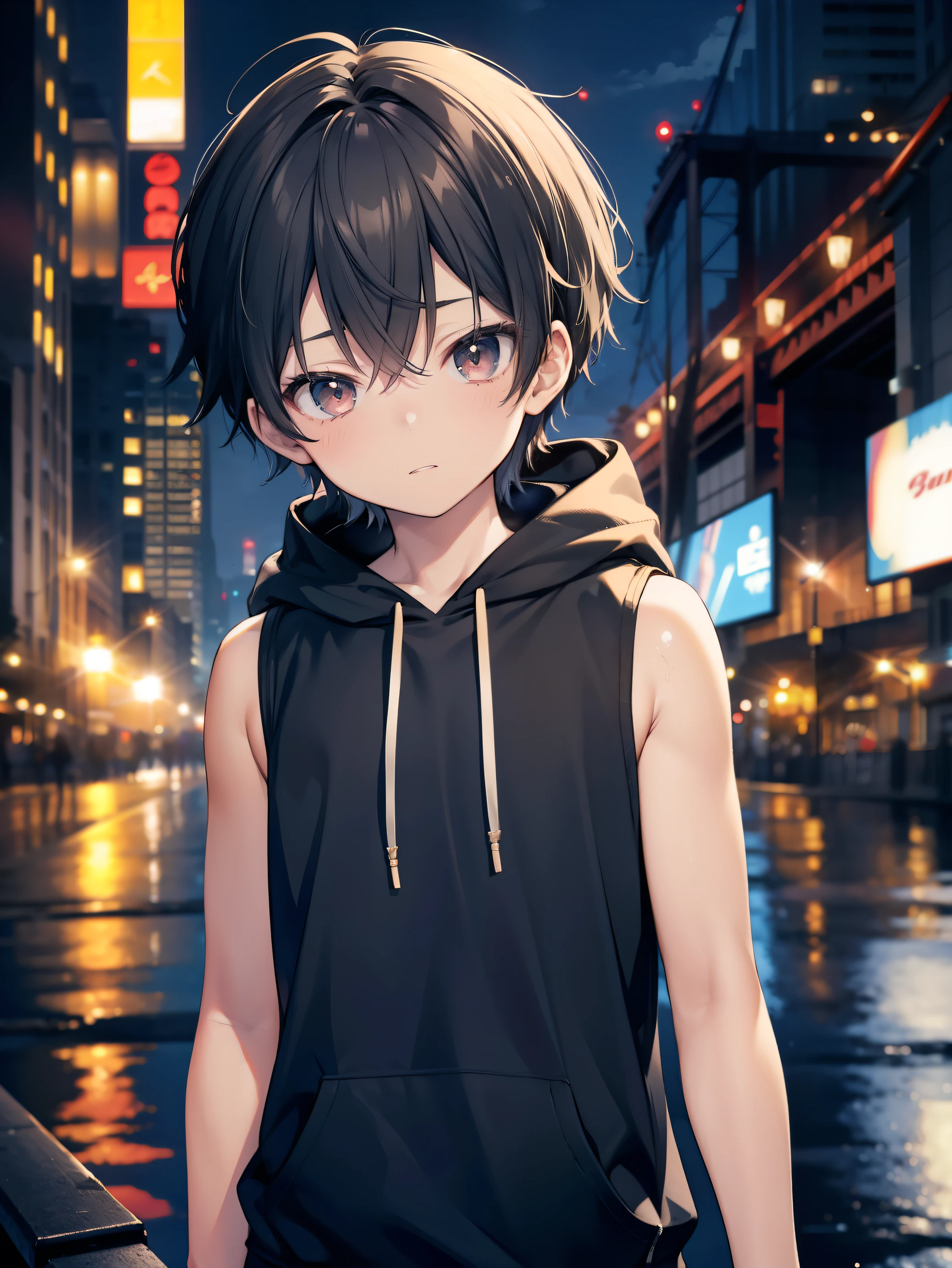 Highres, Masterpiece, Best quality at best,Best Quality,hight quality, hight detailed, Anime style, 1boy, Shota, young boy, Solo person, Black hoodie, Sleeveless hoodie, Seen from the front, look at viewer, (very young boy), (very small and short body), 12-year-old boys, hansome boy, Uhd, 8k reesolution, bokeh