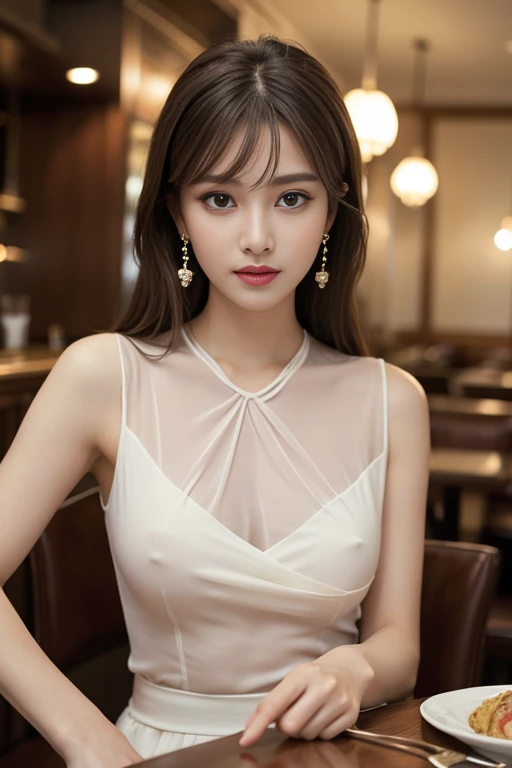 masterpiece, Highest quality, Realistic, Very detailed, Finer details, High resolution, 8k wallpaper, One beautiful woman,Wear an elegant white see-through blouse, In a great restaurant, At night, Light brown messy hair, Perfect dynamic composition, Beautiful and beautiful eyes、Big earrings,Sleeveless shirt、