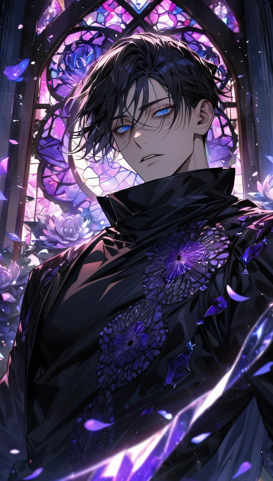 Ultra detailed, HDR, Highres, absurdres, master piece, ((toji fushigur)), expressive blue eyes, black hair, dark circles under the eyes, Jujutsu Kaisen, black coat with patterns, black tight shirt, purple stained glass, purple ice, petals, purple ice flowers, sexy man, solo, extremely detailed face and eyes, extremely handsome, glittering, black cape,
