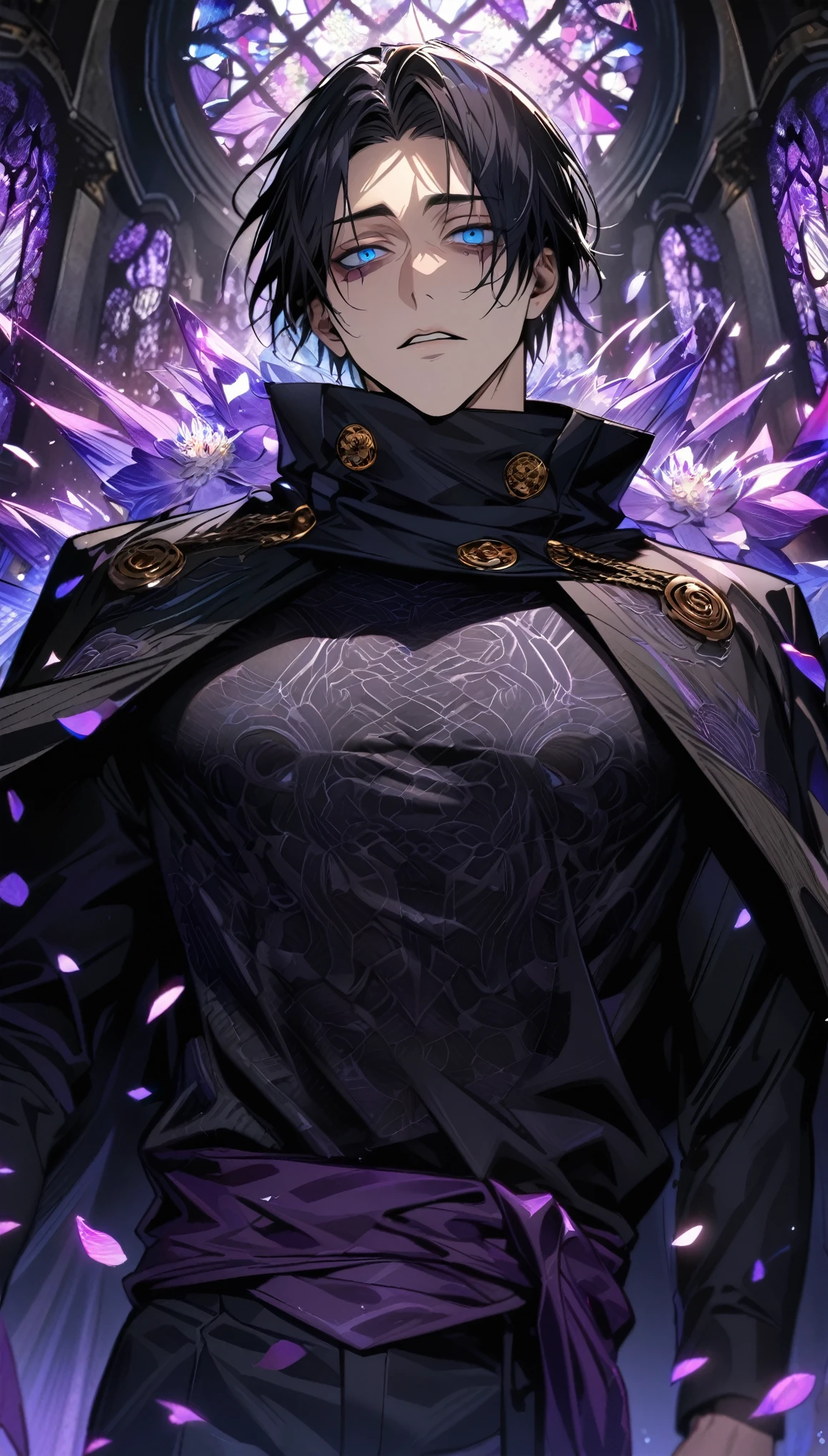 Ultra detailed, HDR, Highres, absurdres, master piece, Okkotsu Yuta, expressive blue eyes, black hair, dark circles under the eyes, Jujutsu Kaisen, black coat with patterns, black tight shirt, purple stained glass, purple ice, petals, purple ice flowers, sexy man, solo, extremely detailed face and eyes, extremely handsome, glittering, black cape,