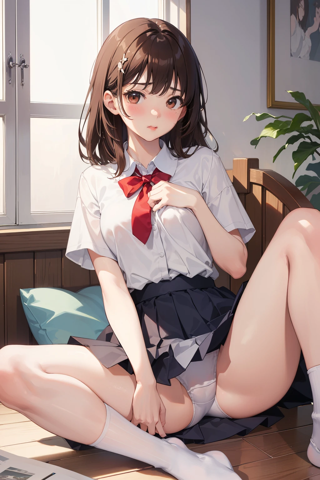 ((masterpiece)), ((Highest quality)), (Very detailed), ((Cute high )), 17 years old, )), ((Sad)), ((Very detailed)), (8k), Highest quality, (beautiful),beautiful 顔, ((Embarrassed, Lips open)), White wall, One person, White camisole, ((String, race)), beautiful胸, (raceのブラジャー), beautiful脚のライン, Pleated skirt, (White panties), Medium Hair, (Brown Hair), ( Detailed hair),Slender body,(( Medium chest, beautiful身体のライン)), White tights, ((White panties)), ((Spread your legs, Knees together)), Turn up the hem of your skirt, (Put your hands on your chest), Embarrassed, (Red face,) ((looking at the camera)),Shooting from below, 17 years oldの美少女, (Embarraery cute, ),