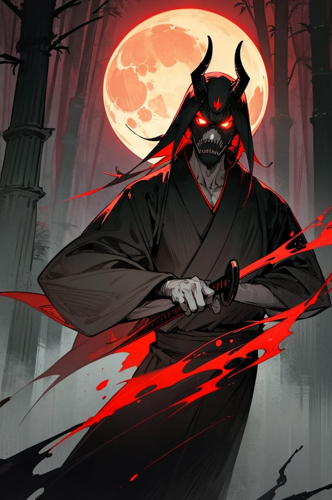 (Best Quality,ultra detailed),dark,wet,artificial raindrops falling,ancient japanese warrior standing in the rain,japanese traditional bamboo hat(fail),dense forest landscape,majestic and serene nature,full moon shining brightly in the night sky,black kimono with fluorescent red stripes that glow in the moonlight,samurai sword sharpened and drawn(katana),(detailed horned mask:1.2),(dark,devil) atmosphere,(mysterious,ominous,sandy) texture,1 demonic character,sharp teeth,Bright red eyes,long sharp horns,Pale skin,black claws,overgrown dark forest,ominous moonlight,dense fog,creepy atmosphere,blood red color scheme,haunting shadows,spooky fog,horror genre,nightmarish,dynamic lighting,high contrast,ethereal feeling,vivid colors