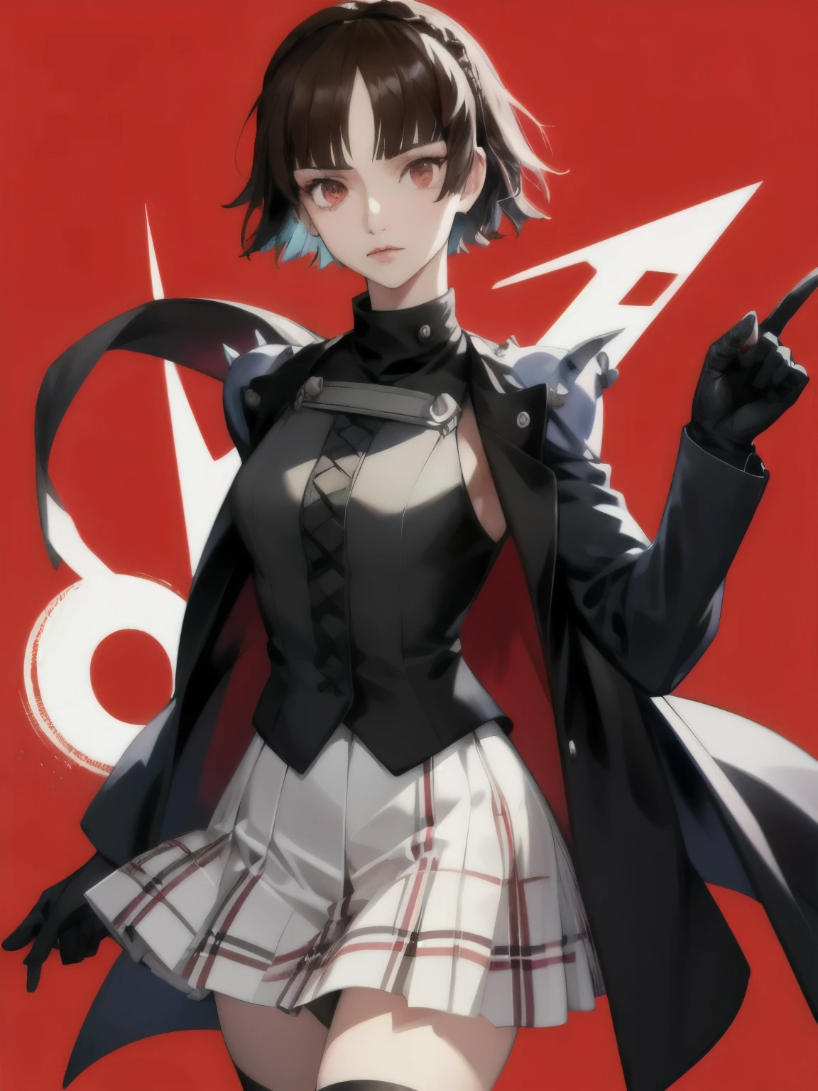1girl. Makoto has short, dark brown hair and brown eyes. She is usually seen in her Shujin Academy uniform, which consists of a white blouse, a plaid skirt, and a black blazer. In the Metaverse, her Phantom Thief outfit is more distinctive, resembling a black biker suit with red gloves, giving her a tough and rebellious look. A Colourful Red background