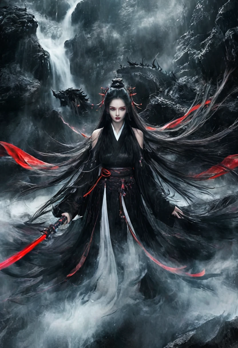 best quality,Extremely detailed,Xianxia,God of Death,Beautiful and delicate eyes,Beautiful and delicate lips,Extremely detailed eyes and face,Flowing long hair,Dark and mysterious atmosphere,Black cape,The red eyes are glowing with a sinister look,The dark sword in hand,A sacred aura emanates from the characters,Martial arts expert,Chinese Background,Foggy mountains and waterfalls in the background,Mist floating in the air,Dramatic lighting with shadows and highlights,High contrast black and white color scheme,ethereal and otherworldly,A deep and powerful presence,Thunder and lightning in the distant sky,Mythical creatures lurking in the shadows,Majestic and intimidating,Secrets and mysteries hidden in the scenes