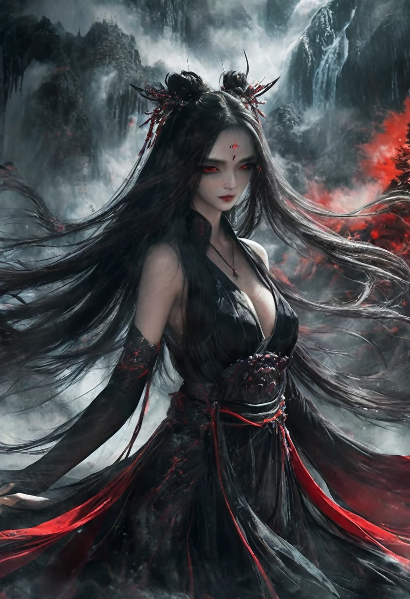 best quality,Extremely detailed,Xianxia,God of Death,Beautiful and delicate eyes,Beautiful and delicate lips,Extremely detailed eyes and face,Flowing long hair,Dark and mysterious atmosphere,Black cape,The red eyes are glowing with a sinister look,The dark sword in hand,A sacred aura emanates from the characters,Martial arts expert,Chinese Background,Foggy mountains and waterfalls in the background,Mist floating in the air,Dramatic lighting with shadows and highlights,High contrast black and white color scheme,ethereal and otherworldly,A deep and powerful presence,Thunder and lightning in the distant sky,Mythical creatures lurking in the shadows,Majestic and intimidating,Secrets and mysteries hidden in the scenes