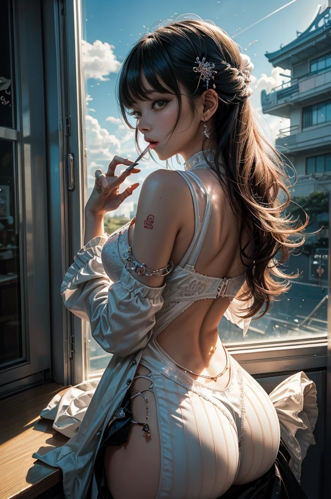 Dream wave, Harajuku_my, Android, smokes, Aesthetic, eddy, 2d_Harajuku, Beutiful women, Elegant, flat art, (Tangled:0.5), Colorful, crystal, (sexy for:1.3), ventania, firestorm, The light from the back window is backlighted,