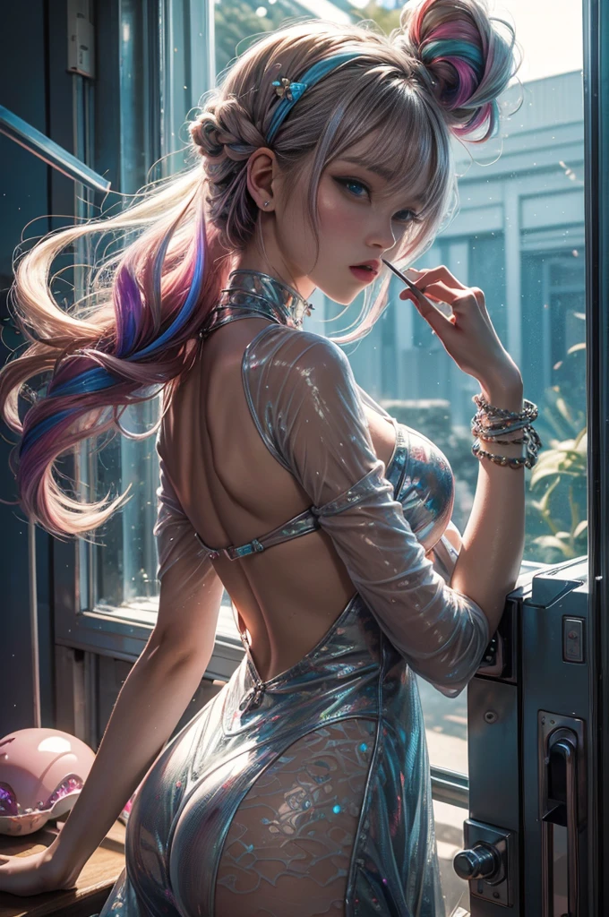 Dream wave, Harajuku_my, Android, smokes, Aesthetic, eddy, 2d_Harajuku, Beutiful women, Elegant, flat art, (Tangled:0.5), Colorful, crystal, (sexy for:1.3), ventania, firestorm, The light from the back window is backlighted,