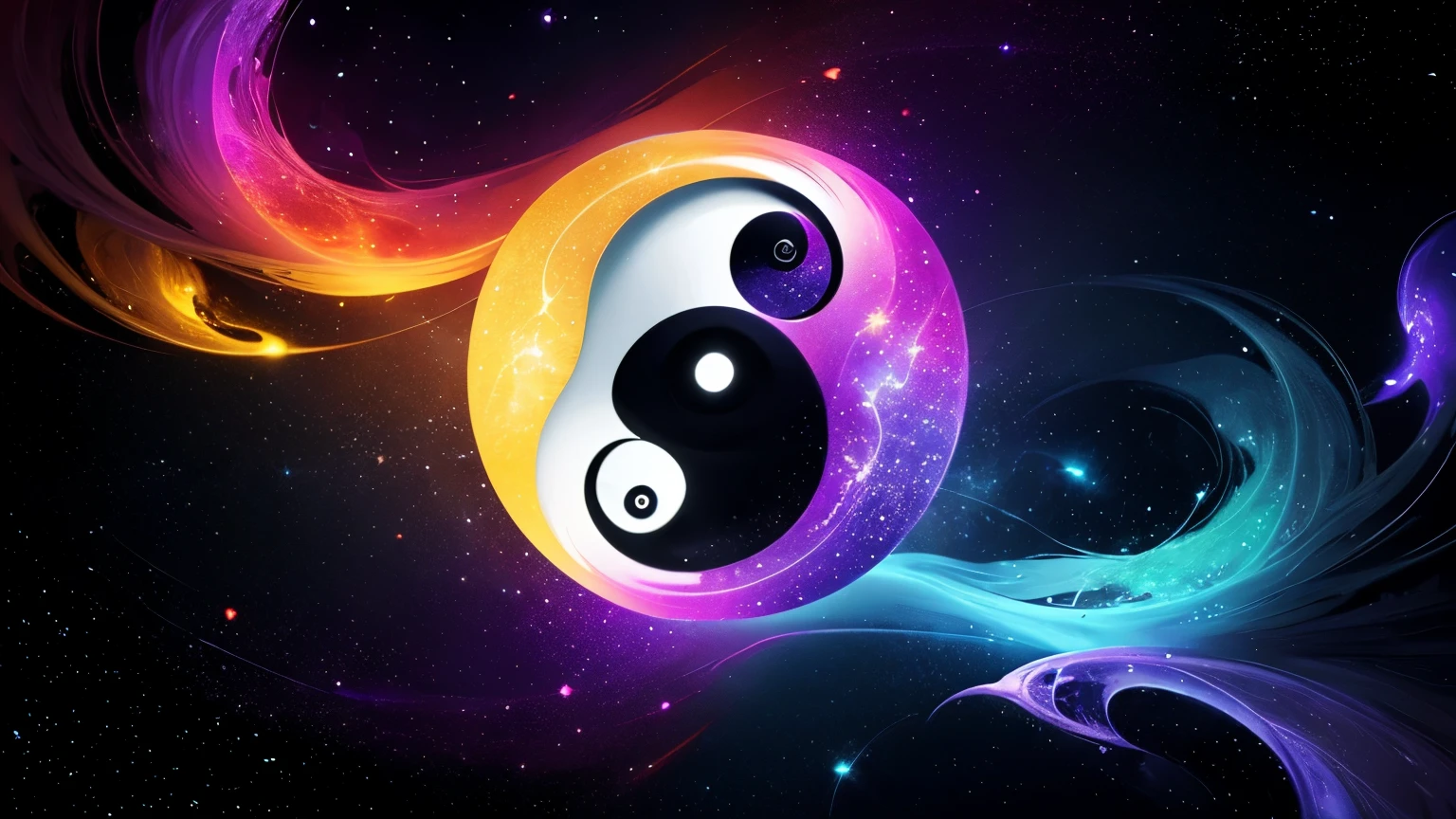 Yin yang symbol glowing with spiritual energy, cosmic background, stars and galaxies, ethereal light, digital art style, high detail, vibrant colors