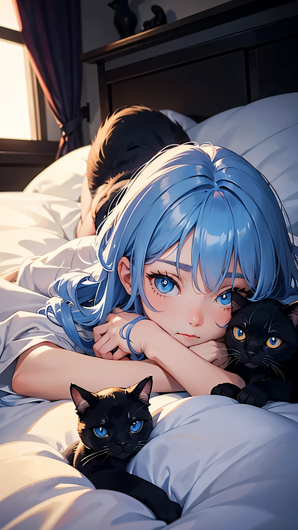 Pitch black cat、Light blue eyes、Curled up in my room、Close-up of a cat、The background is night