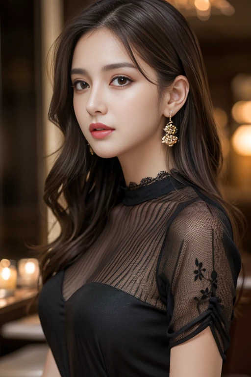 masterpiece, Highest quality, Realistic, Very detailed, Finer details, High resolution, 8k wallpaper, One beautiful woman, Wear a black see-through shirt, In a great restaurant, At night, Light brown messy hair, Perfect dynamic composition, Beautiful and beautiful eyes、Big earrings