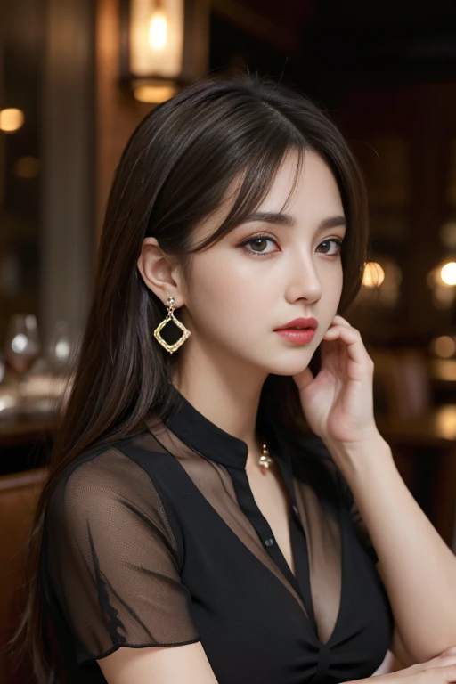 masterpiece, Highest quality, Realistic, Very detailed, Finer details, High resolution, 8k wallpaper, One beautiful woman, Wear a black see-through shirt, In a great restaurant, At night, Light brown messy hair, Perfect dynamic composition, Beautiful and beautiful eyes、Big earrings
