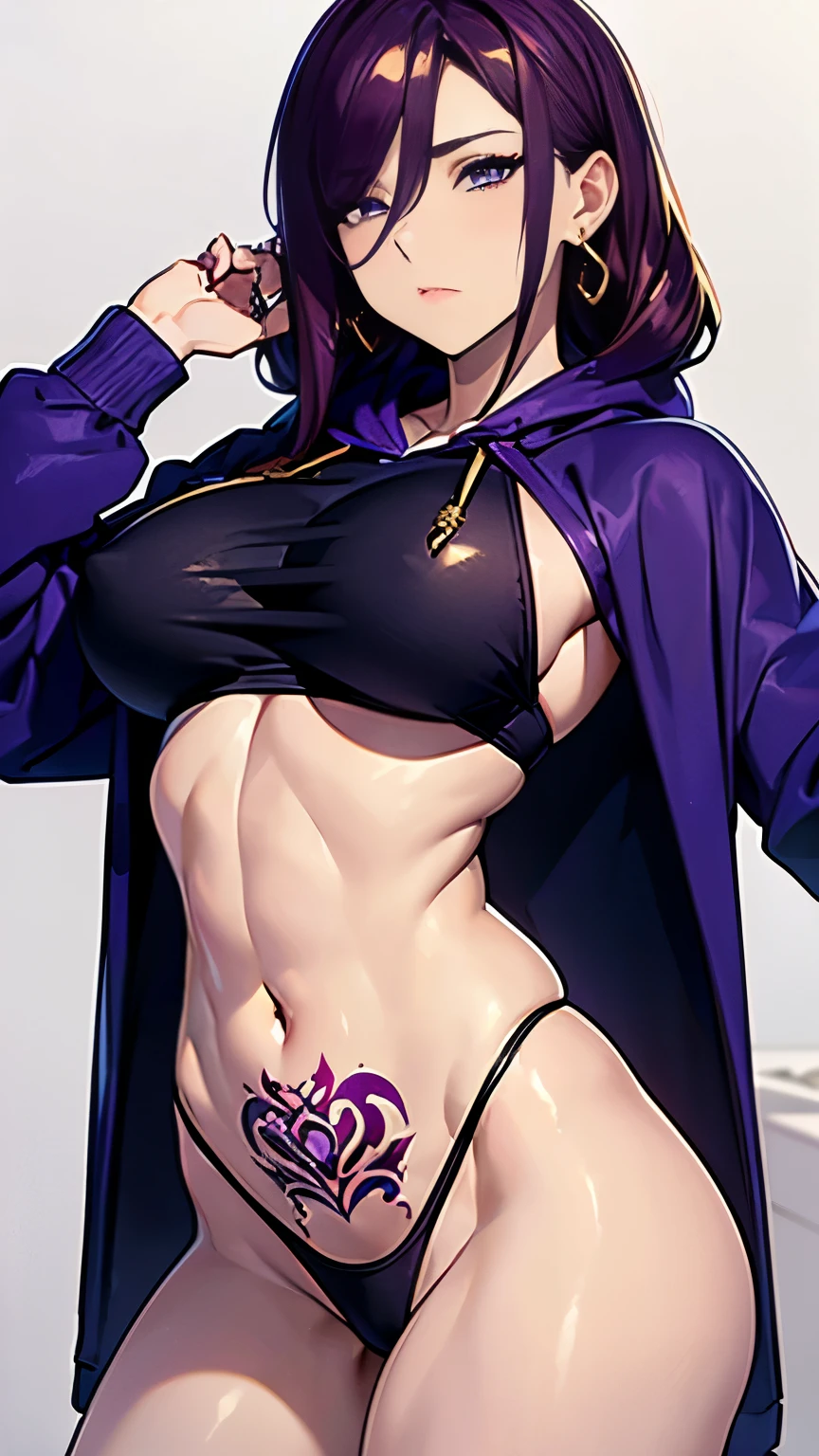 ((8K resolution))、((best quality))、((masterpiece))、((Very detailed))((((dramatic))), (Anatomically correct)、The depth of the object being written、Look at the camera、one person、one personのJK、front、thin but muscular Well developed, Toned arms, Long and thin legs, Huge Breasts、Sporty style,(Drill hair)、Gold earrings、Purple Eyes、Half closed eyes / Bad mood 、Tattoo、(theme、whole body:1.1), Thong , hoodie、White background