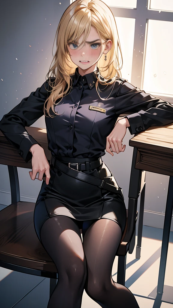 {{masterpiece}}, {{{Highest quality}}},{{Very detailed}},{{{from below}}},{{Blonde female police officer sitting on a chair}}Pencil skirt with slits,belt Black leggings,Black tights,Small breasts Black underwear、Thin legs Black long sleeve police uniform,Sitting in a chair in an office with a serious expression,Focus on legs{{{Sitting in a chair in an office with a serious expression成熟した女性}}},{{疲労でSweatをかいている成人女性}},Sweat,Hold the arm with one hand ,sit,{{Blushing}},{{V-shaped eyebrows}}},{{{}},{椅子にsit}},{},, ,{{}},,,{{}},{{}},,Slender body}}{{Female police officer}},,blush,Wrinkles ,amount,Grit your teeth,suffering,v-shaped eyebrows.,Sweat dripping ,get annoyed,,Inside the office,