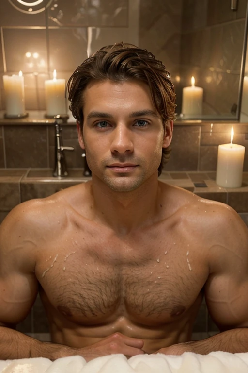 40 year old olive skin man... Pale blue eyes... Fair-skin, tanned... Tousled Short dark blonde hair... Slight stubble, not fully clean-shaven but also not completely unshaved... 1.88m tall... Athletic, slightly muscular, with a lean and fit build... He is in a bubble bath with his girlfriend, she has long curly hair . Elegant... Classy... Night, candles, romantic