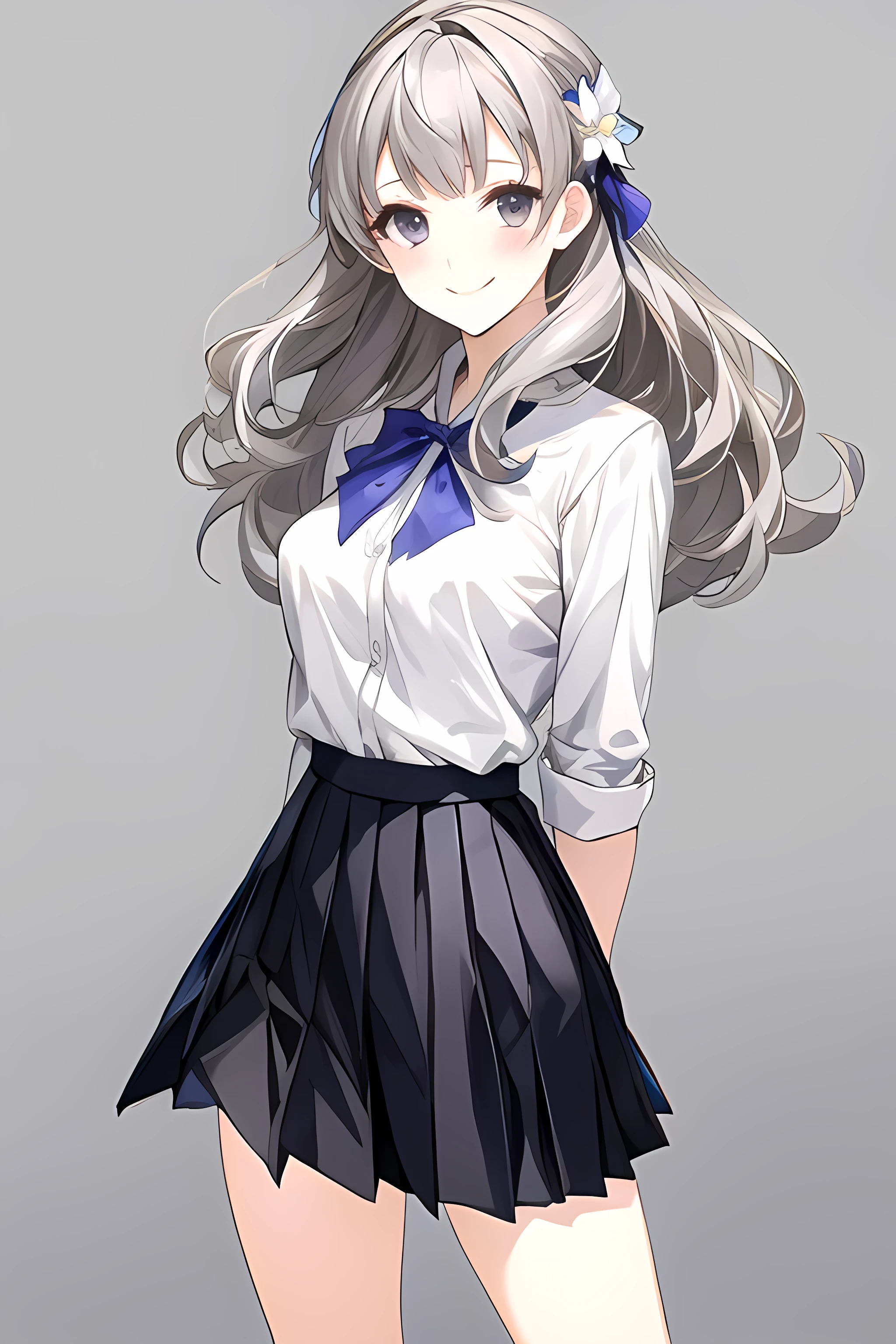 masterpiece, best quality,fuyusaka iori 1, 1girl, solo, hair flower, white shirt, skirt, pleated skirt, black skirt, hair ornament, flower, long hair, full body, socks, gray hair, white flower, gray eyes, looking at viewer, classroom background, middle breast, smile, shameful face, slander, standing, loafers, cowboy shot, arms behind back, adult, ecstasy face, thigh,