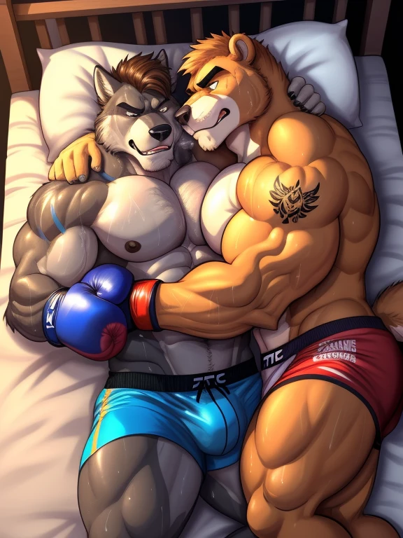 Duo male(Brown Bear vs Gray wolf, handsomes, handsome hairstyle, tails, Thick eyebrows), gay(Lying down, cuddling embraced, body against body, on a bed match), hot(Shirtless), handsomes(They are handsomes, correct anatomy), musculosos(Big muscle bodies, Six packs, muscle abs, big pecs, muscle backs, muscle legs), sweaty(very sweaty wet bodies, shiny sweat), tatuajes(they have tattoos), Grumpy(Both have an grumpy expression, growling, grumpy teeths, steaming breath), boxing gloves(They both are wearing boxing gloves), UFC boxers(they both are wearing ufc boxers), Hight resolution, by(Zourik:1.1) 