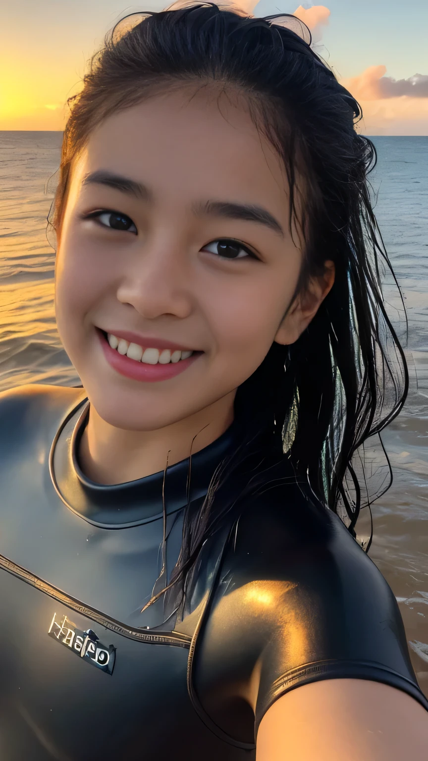 ponytaill、Take a selfie from the front、Masterpiece(Close-up shot 1.5)、looking at the camera、Mid-chest、(dark-skinned1.5)、19 years old、Black Hair、Cute smile、(Wetsuit)、Hawaii、sunset、Wet Hair、